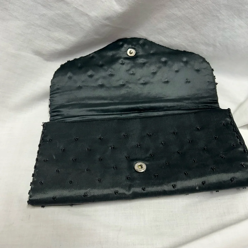 Nice Vintage Art Deco Clutch Black Beaded Sequin Satin Made In Hong Kong - Picture 5 of 9